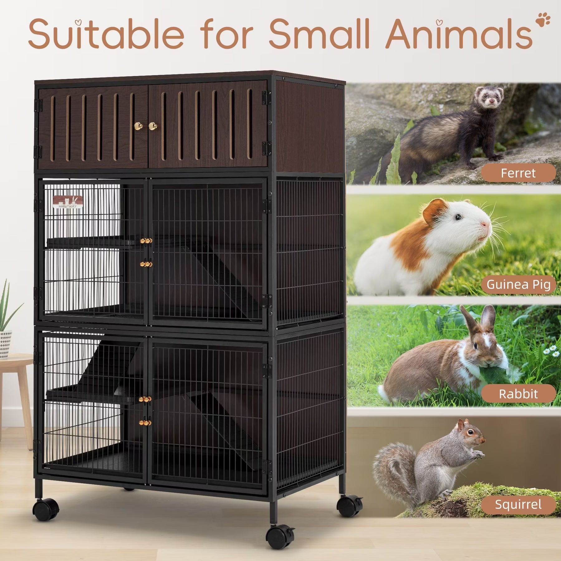 HABUTWAY 50''H Metal Large Ferret Cage, Rolling Chinchilla Cage, Critter Nation Cage, Indoor Wooden Pet Crate Furniture