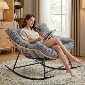 HABUTWAY Outdoor Rocking Chair with Thick Cushion, Ergonomic Rattan Egg Chair with Secure Straps for Indoor, Supports Up to 450 lbs