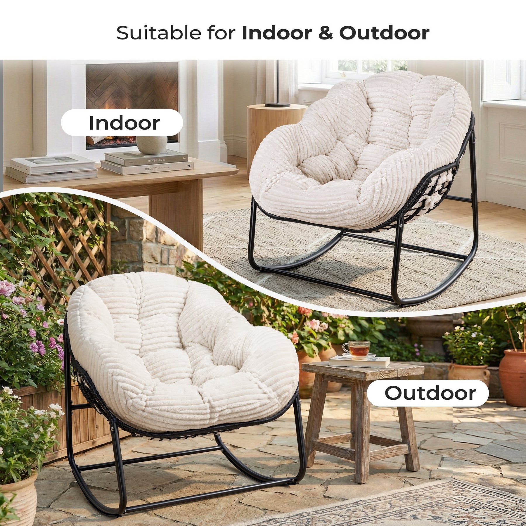 HABUTWAY Oversized Papasan Rocking Chair with Thick Cushion, Outdoor Rocker Egg Seat for Patio Garden Backyard