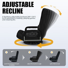 HABUTWAY Swivel Gaming Floor Chair with Armrest Handles, Folding Reclining Sofa, No Assembly, 6-Position Backrest for Video Games