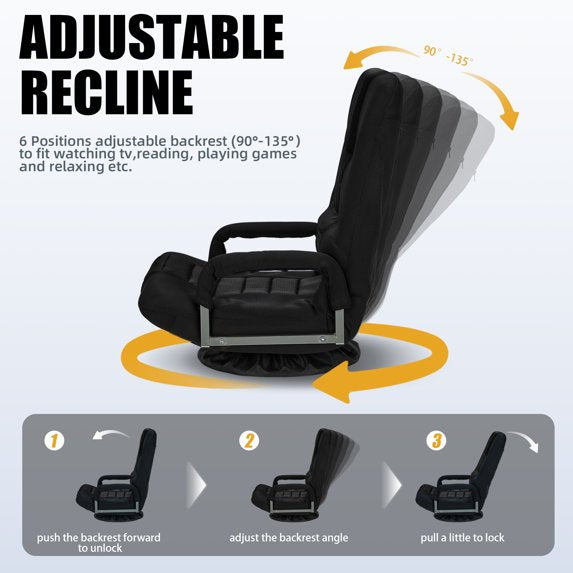 HABUTWAY Swivel Gaming Floor Chair with Armrest Handles, Folding Reclining Sofa, No Assembly, 6-Position Backrest for Video Games