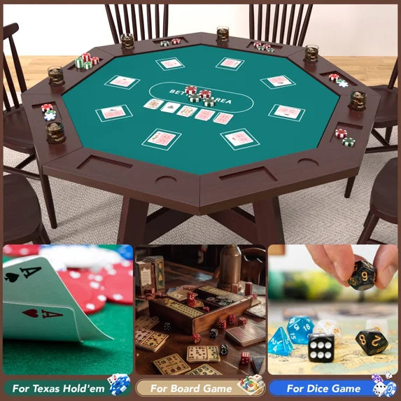 HABUTWAY Solid Wood Octagonal Poker Table for 6-8, 59.8" Card Table with 8 Cup Holders & Trays, Dark Walnut