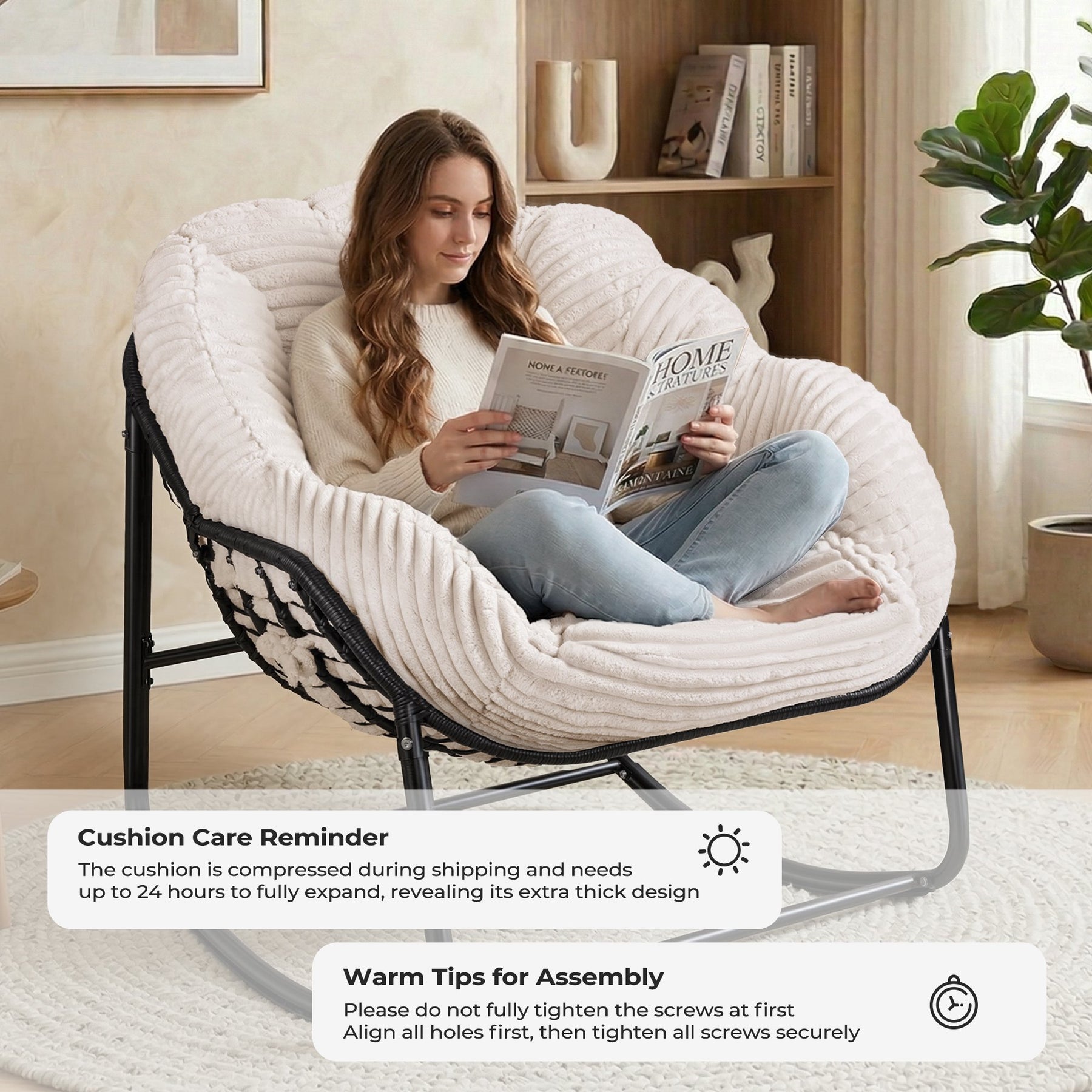 HABUTWAY Oversized Papasan Rocking Chair with Thick Cushion, Outdoor Rocker Egg Seat for Patio Garden Backyard