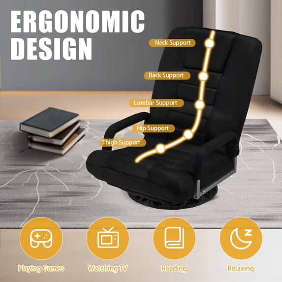 HABUTWAY Swivel Gaming Floor Chair with Armrest Handles, Folding Reclining Sofa, No Assembly, 6-Position Backrest for Video Games