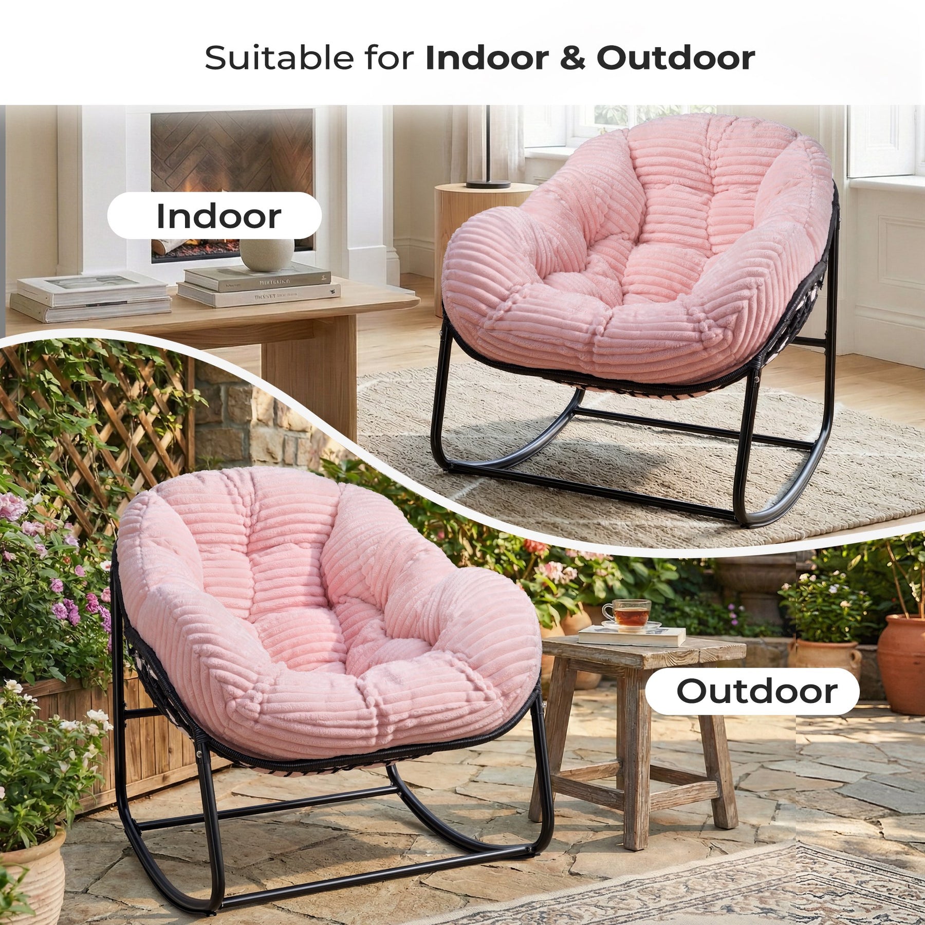HABUTWAY Oversized Papasan Rocking Chair with Thick Cushion, Outdoor Rocker Egg Seat for Patio Garden Backyard