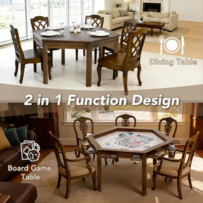 HABUTWAY Solid Wood Board Game Table for 4-6 Players, Convertible Dining Table with Removable Top, Gaming Table with Game Mat, 6 Cup Holders & Hobby Trays