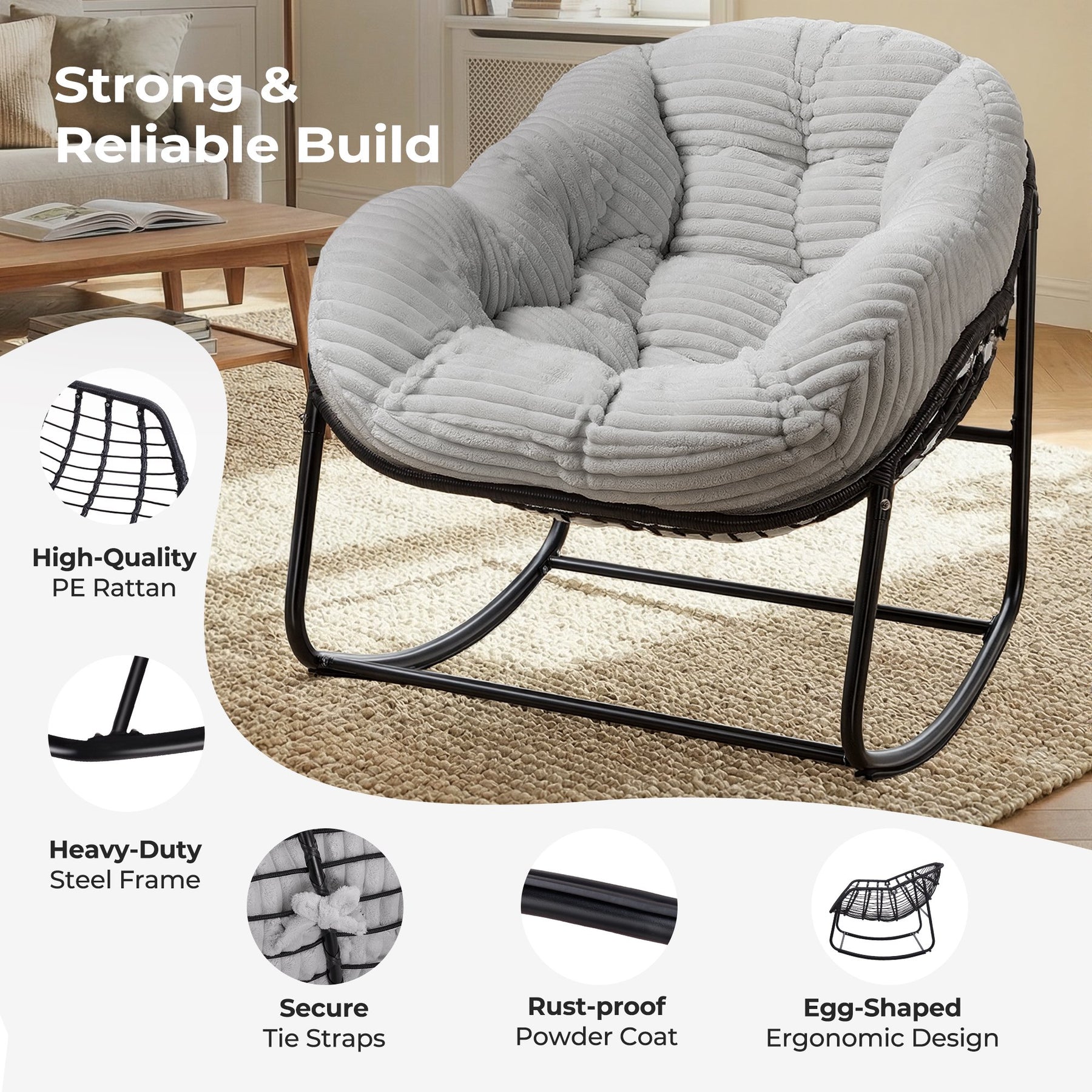 HABUTWAY Oversized Papasan Rocking Chair with Thick Cushion, Outdoor Rocker Egg Seat for Patio Garden Backyard