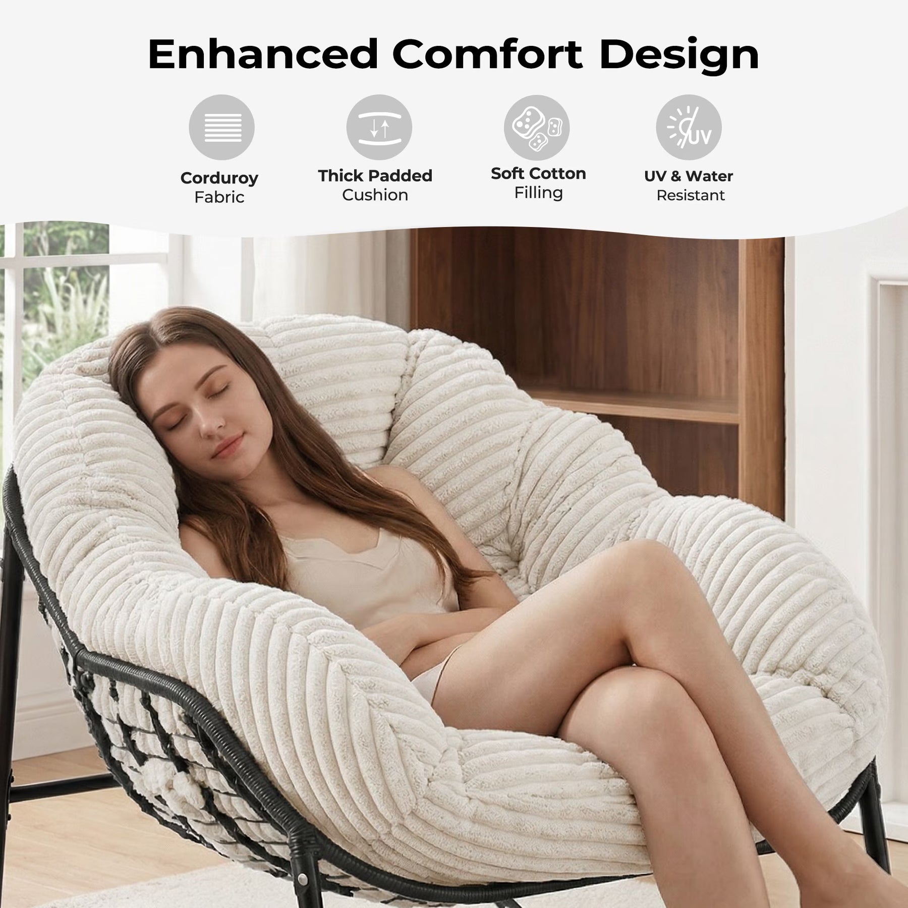 HABUTWAY Oversized Papasan Rocking Chair with Thick Cushion, Outdoor Rocker Egg Seat for Patio Garden Backyard