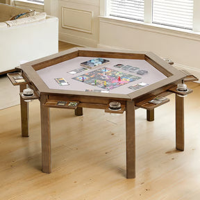 HABUTWAY Solid Wood Board Game Table for 4-6 Players, Convertible Dining Table with Removable Top, Gaming Table with Game Mat, 6 Cup Holders & Hobby Trays