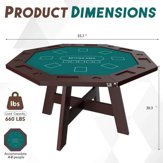HABUTWAY Solid Wood Octagonal Poker Table for 6-8, 59.8" Card Table with 8 Cup Holders & Trays, Dark Walnut