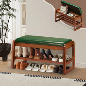 HABUTWAY® Entryway Solid Wood Shoe Rack with Cushion, 2 Tier Shoes Storage Organizer for Hallway, Living Room-(Green,31.5"-M)